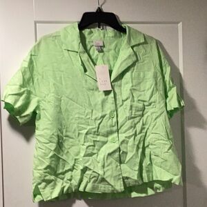 NWT A New Day Size M Lime Green Linen Short Sleeve Button-Down Shirt